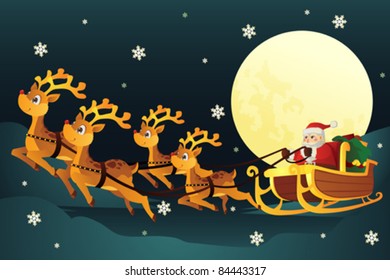 A vector illustration of Santa Claus riding the the sleigh pulled by reindeers in the middle of winter night