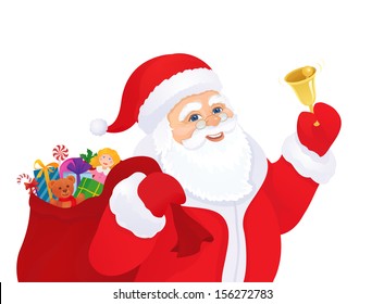 Vector illustration of Santa Claus ringing the bell, isolated on white