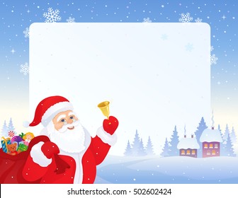 Vector illustration of Santa Claus ringing the bell, with a snowy landscape and white frame on the background