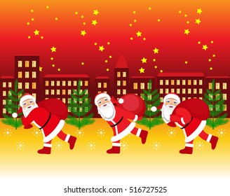 Vector Illustration. Santa Claus running with the bag of the presents.
