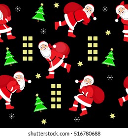 Vector Illustration. Santa Claus running with the bag of the presents. Seamless texture.
