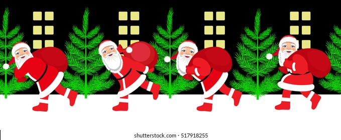 Vector Illustration. Santa Claus running with the bag of the presents. Seamless texture.