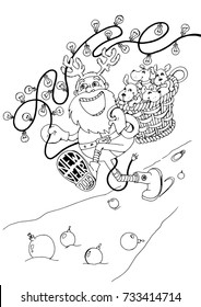 Vector illustration. Santa Claus running through the snow, carrying a basket of puppies. New year and Christmas