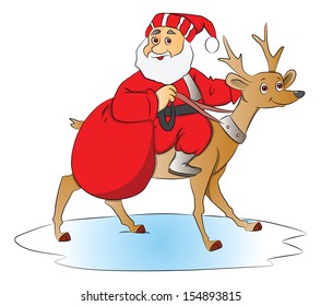 Ilustración vectorial de Santa Claus con saco, montando un ciervo.