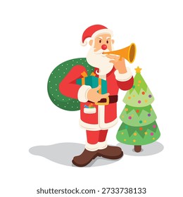 Vector illustration of Santa Claus with a sack of gifts. Hand drawn simple flat Christmas character design.
