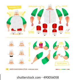 Vector illustration Santa Claus set for animation. Some hands poses with face emotions. Christmas and New Year theme. Casual apparel style