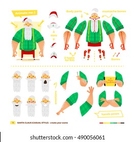 Vector illustration Santa Claus set for animation. Some hands poses with face emotions. Christmas and New Year theme. Casual apparel style