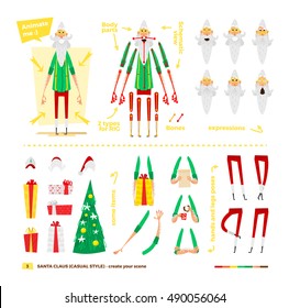 Vector illustration Santa Claus set for animation. Some hands poses with face emotions. Christmas and New Year theme. Casual apparel style