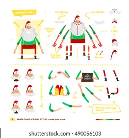 Vector illustration Santa Claus set for animation. Some hands poses with face emotions. Christmas and New Year theme. Casual apparel style