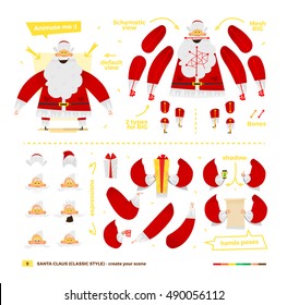 Vector illustration Santa Claus set for animation. Some hands poses with face emotions. Christmas and New Year theme. Classic red apparel style