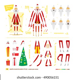 Vector illustration Santa Claus set for animation. Some hands poses with face emotions. Christmas and New Year theme. Classic red apparel style