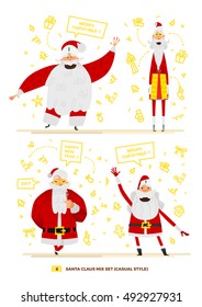 Vector illustration Santa Claus set for your design. Four old men characters. Christmas and New Year theme. Classic red apparel style
