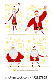 Vector illustration Santa Claus set for your design. Four old men characters. Christmas and New Year theme. Classic red apparel style