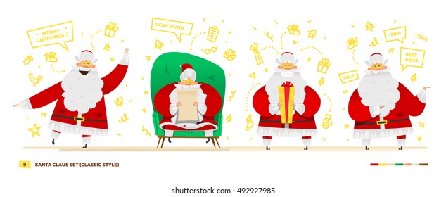 Vector illustration Santa Claus set for your design. Four old men characters. Christmas and New Year theme. Classic red apparel style