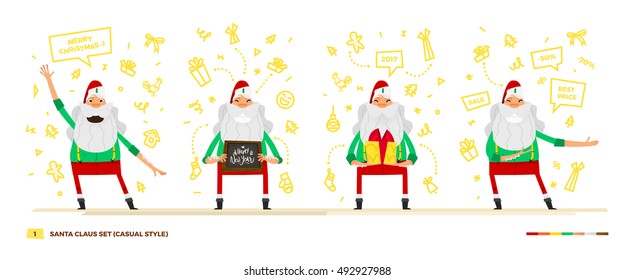 Vector illustration Santa Claus set for your design. Four old men characters. Christmas and New Year theme. Casual green shirt apparel style