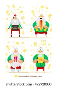 Vector illustration Santa Claus set for your design. Four old men characters. Christmas and New Year theme. Casual green shirt apparel style