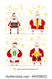 Vector illustration Santa Claus set for your design. Four old men characters. Christmas and New Year theme. Classic red apparel style