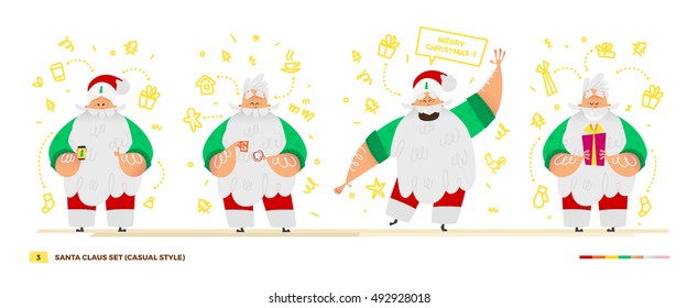 Vector illustration Santa Claus set for your design. Four old men characters. Christmas and New Year theme. Casual green shirt apparel style