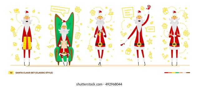 Vector illustration Santa Claus set for your design. Four old men characters. Christmas and New Year theme. Classic red apparel style