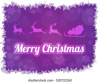 Vector illustration of Santa Claus silhouette with sleigh and three rein deers. Purple background
