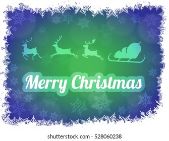Vector illustration of Santa Claus silhouette with sleigh and three rein-deers. Green/blue background