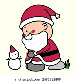 Vector illustration of santa claus sitting on the stone and looking at the mini snowman on the ground , isolated on light yellow background