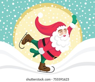 Vector Illustration of a Santa Claus skating under the snowfall. Winter poster. Christmas background with classic Santa Claus.  Perfect For Flyer, Card, Poster, Decoration, Advertising Design. 