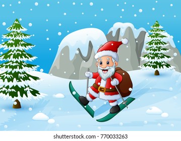 Vector illustration of Santa claus skiing in the snow hill with sack of gifts