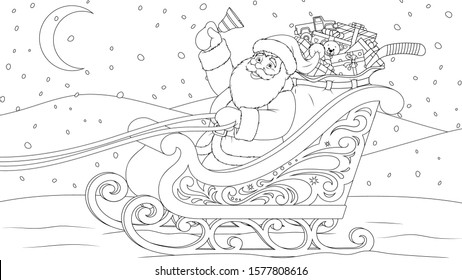Vector illustration, Santa Claus in a sleigh carrying gifts in a bag under the moon