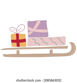 Vector illustration of Santa Claus sleigh with piles of presents. Christmas mood, gift boxes. Hand draw cartoon illustration. Isolated on white background.