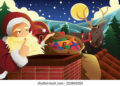 A vector illustration of Santa Claus with sleigh full of Christmas presents near a chimney