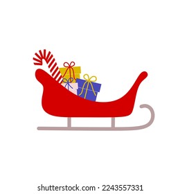 Vector illustration. Santa claus sleigh with gifts isolated on white background. Icon, concept of New Year holidays, Christmas