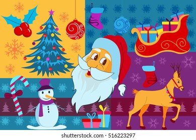 vector illustration of Santa Claus with sleigh and snowman in Merry Christmas