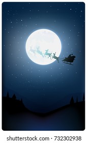 Vector Illustration of Santa Claus in sleigh and reindeer on  night sky Christmas with full moon,design for greeting card or Merry Christmas background.