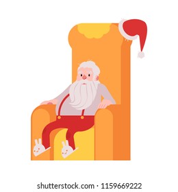 Vector illustration of Santa Claus in slippers sitting in home armchair and resting isolated on white background. Christmas and New Year congratulation symbol in flat style.