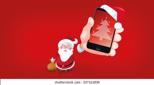 Ilustración vectorial del teléfono inteligente de Santa Claus con el sombrero y el árbol del pixel de Santa Claus
