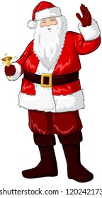 A vector illustration of Santa Claus smiling and ringing a bell and waving his hand for Christmas.