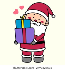 Vector illustration of santa claus smiling and holding presents, isolated on light yellow background