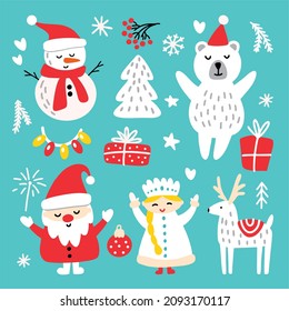 Vector illustration of Santa Claus and snow maiden with a snowman and gifts.