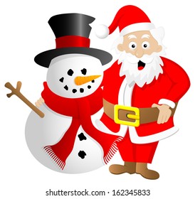 vector illustration of santa claus and a snowman on white background