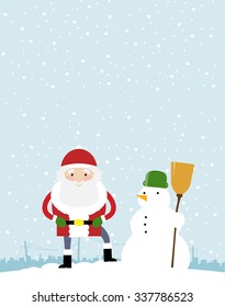 Vector illustration of Santa Claus and snowman standing cheerfully together. Big copy space on the top of the image.