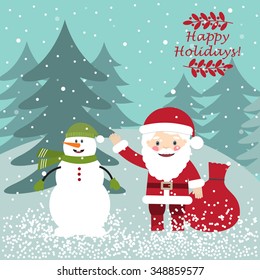 Vector illustration of Santa Claus and the snowman. Christmas postcard