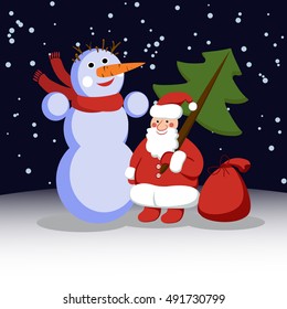 Vector illustration with Santa Claus and Snowman.