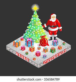 Vector illustration of Santa Claus stadning next to a Christmas tree with christmas presents scattered across the floor.