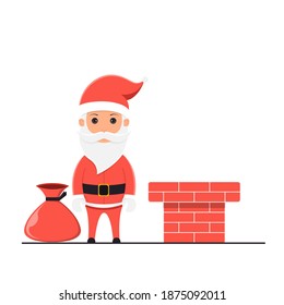 Vector illustration of Santa Claus standing next to a chimney carrying a gift bag. white background