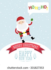 Vector illustration of the Santa Claus standing cheerfully on the top of the Christmas card label and saying "Ho Ho Ho".
Christmas card illustration.
Snow falling in the background.