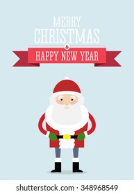 Vector illustration of the Santa Claus standing under Holiday sticker. 
Red ribbon with Christmas and New Year wishes on the top of the greeting card design.