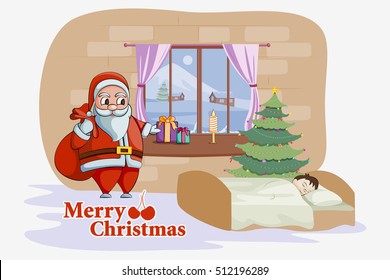 vector illustration of Santa Claus standing with Christmas gift in child bedroom