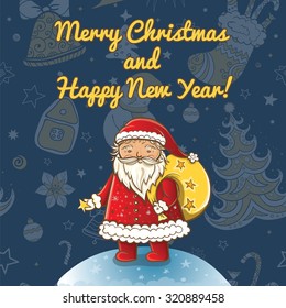 Vector illustration of Santa Claus with star on his hand. Christmas card, template for design.
