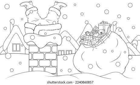 Vector illustration, santa claus stuck in a pipe on the roof of the house, coloring book.